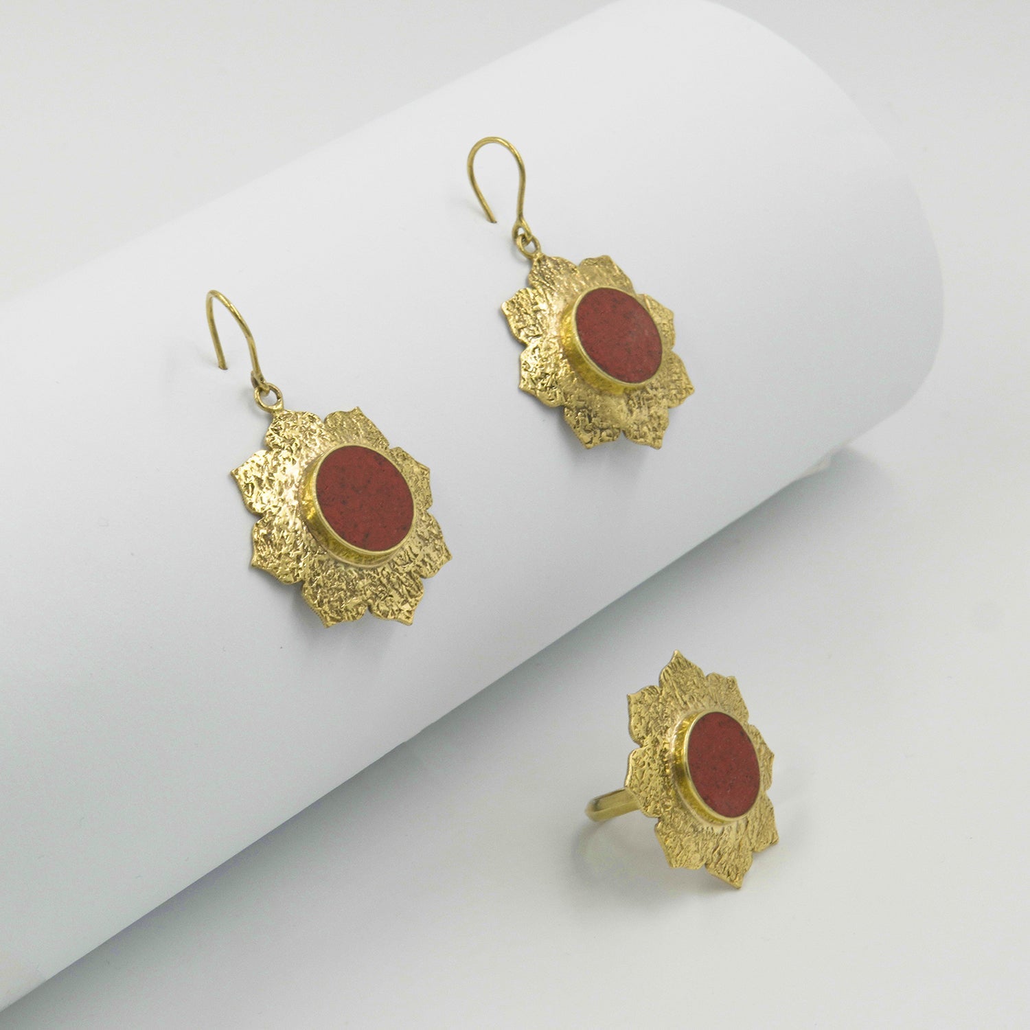 Barf Red Coral Jewelry Set – Handmade 18K Gold-Plated - Gemify