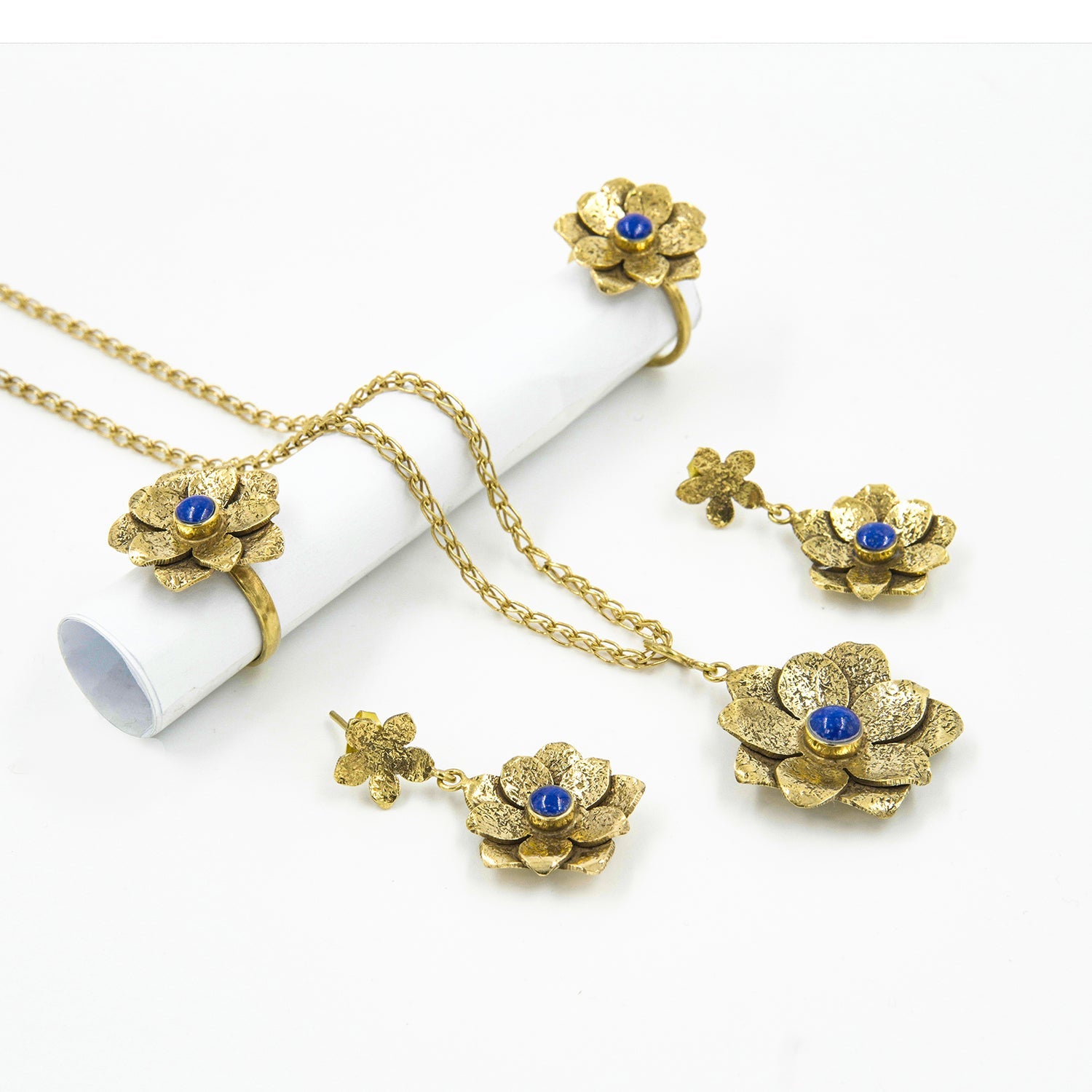 Blue Flower Lapis Jewelry Set – 18K Gold-Plated, Handmade - Gemify