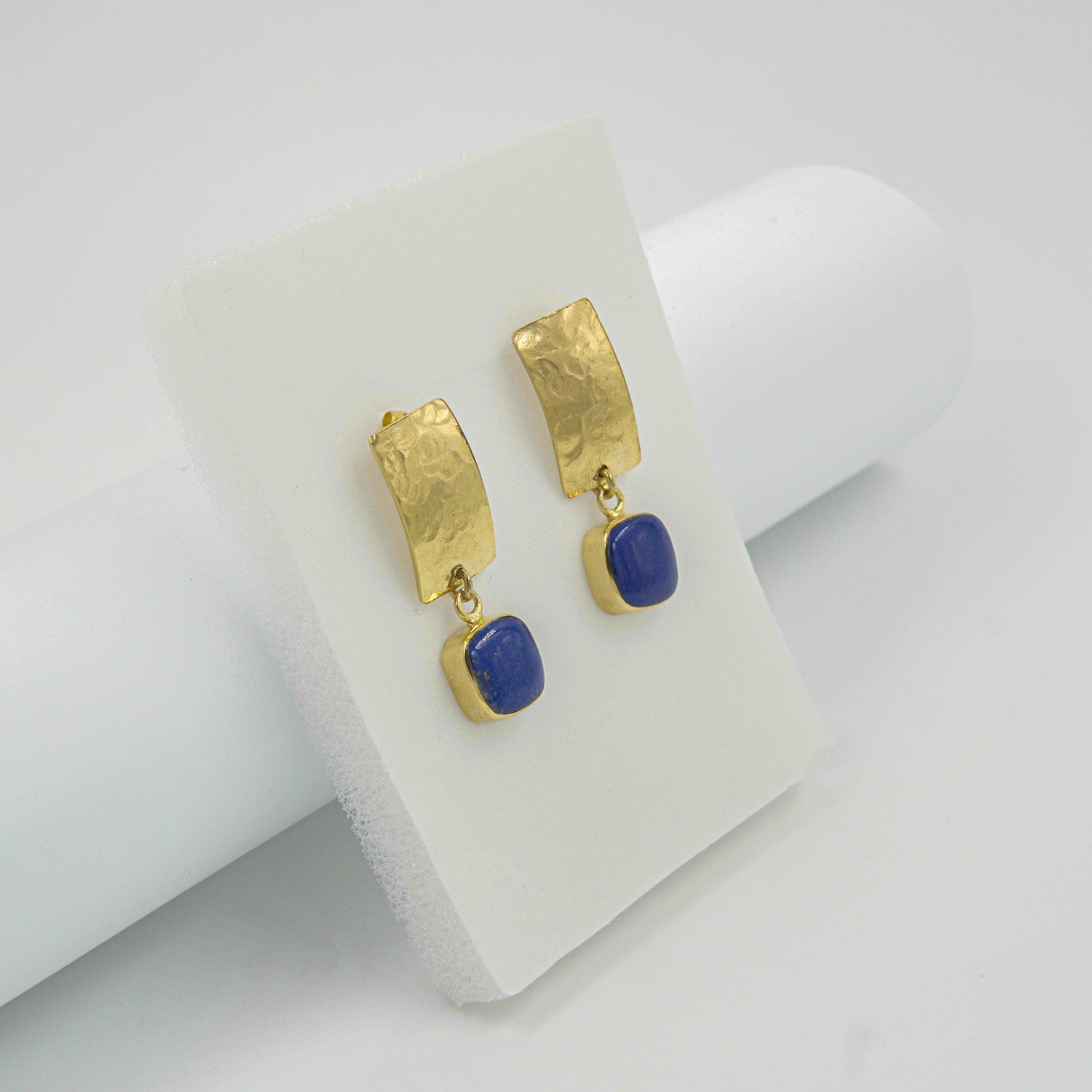 Gemify - Silent Letter Lapis Stud Earrings – Cabochon Stone, High - Polish Brass - earrings - Gemify02