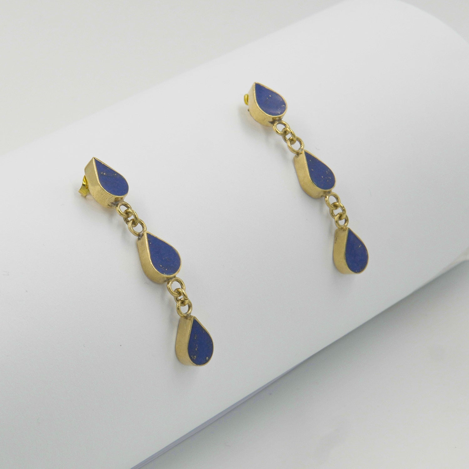 Gemify - Three Drop Lapis Stud Earrings – High - Polish Brass, Handmade Design - earrings - Gemify02