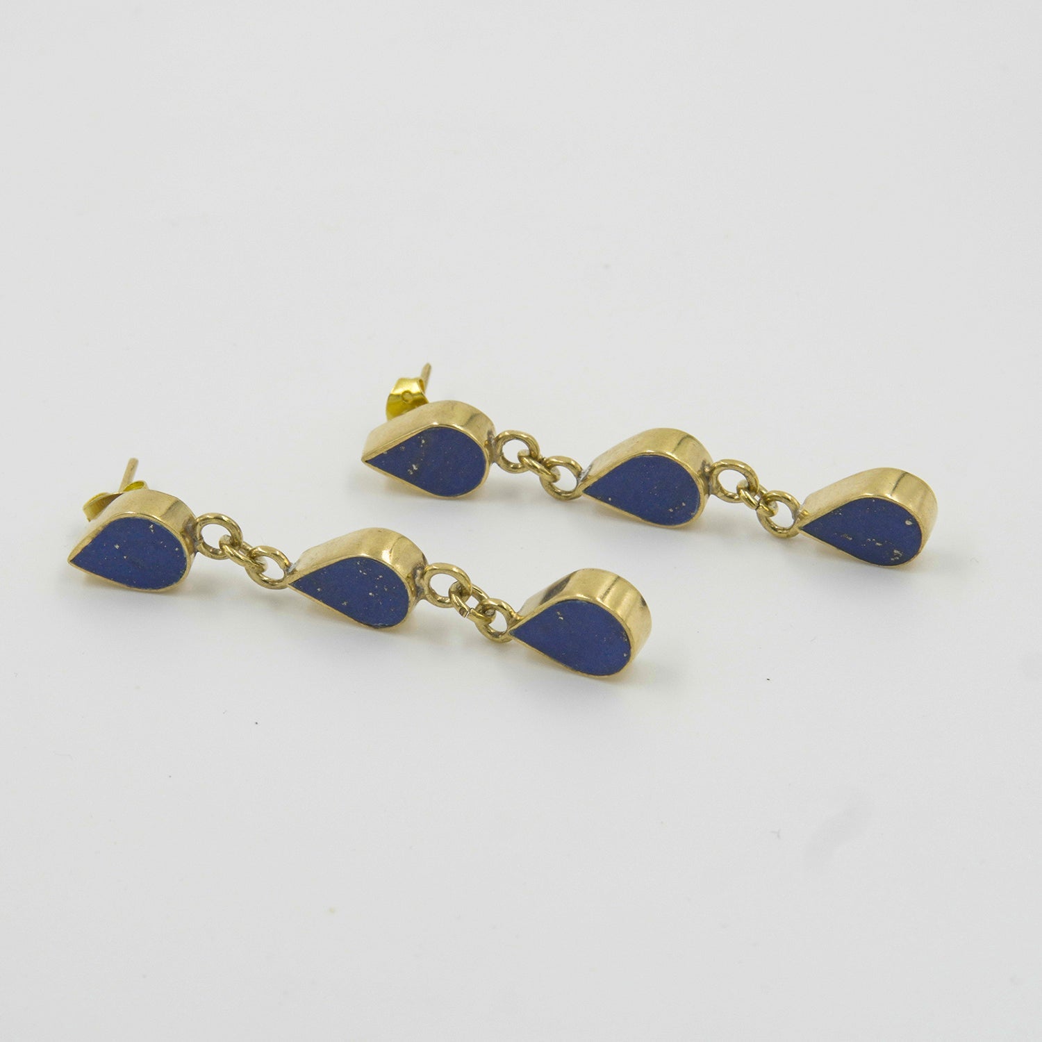 Gemify - Three Drop Lapis Stud Earrings – High - Polish Brass, Handmade Design - earrings - Gemify02